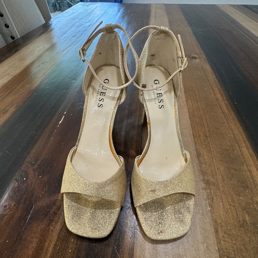 Guess Gold Glitter Ankle Strap Stiletto Heels Sandals Logo Plaque Size 7.5M